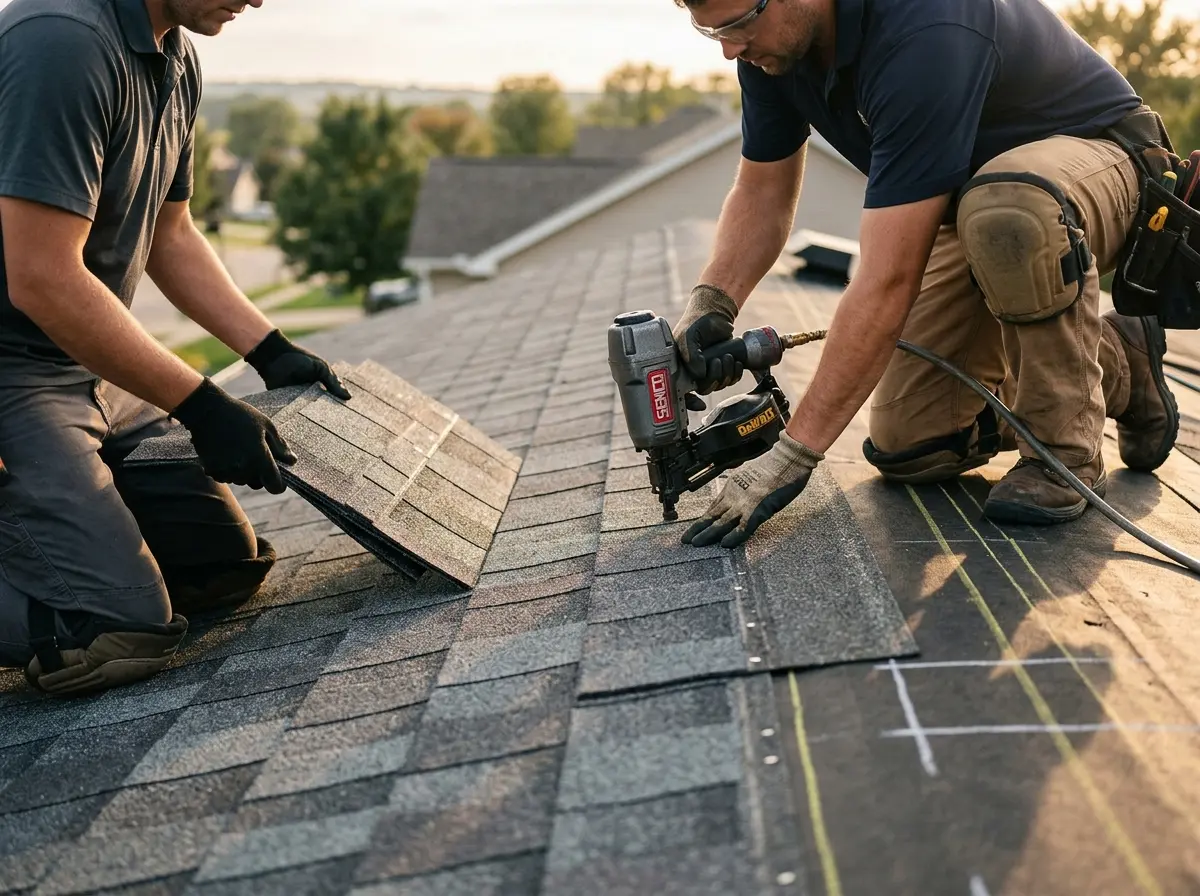 Professional roofer working on a residential roof in St. Marys